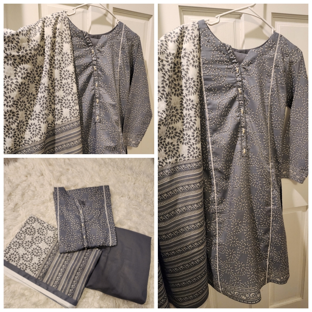 Gul Ahmed 3 piece gray and white color suite is size small.